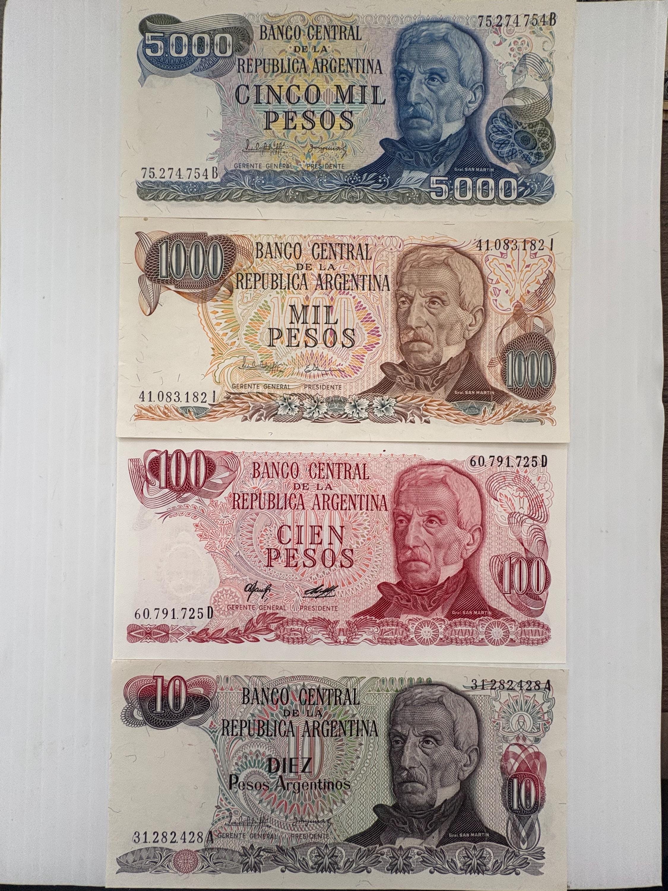 Argentina 5000, 1000, 100, 10 Pesos Lot of 4 Banknotes 1980s-1990s Colorful  - Etsy New Zealand