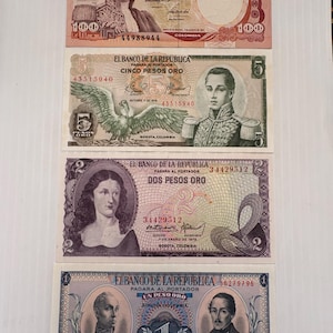Colombia 100, 5, 2, 1 Pesos Lot of 4 Banknotes 1970s-1990s Ornate Colorful