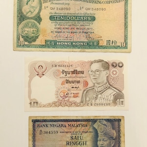 Asien Banknote Lot von 3: Hong Kong, Thailand, Malaysia 1970er Jahre