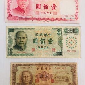 Taiwan 100 and 5 Yuan 1960s-1980s Sun Yat Sen Lot of 3 Vintage Banknotes