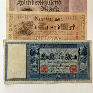 Germany 100000, 1000, 100 Marks Lot of 3 Vintage Large Banknotes 1900s-1920s
