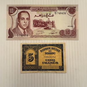 Morocco 10 Dirhams 1970 and 5 Francs 1943 Lot of 2 Vintage Banknotes