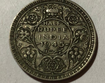 Vintage 1940-1945 British India 1/2 Rupee Silver Coin