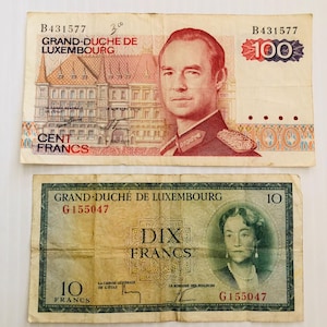 Luxemburg 100 Francs und 10 Francs 1950er-1980er Jahre Lot von 2 Vintage Banknoten Königsfamilie