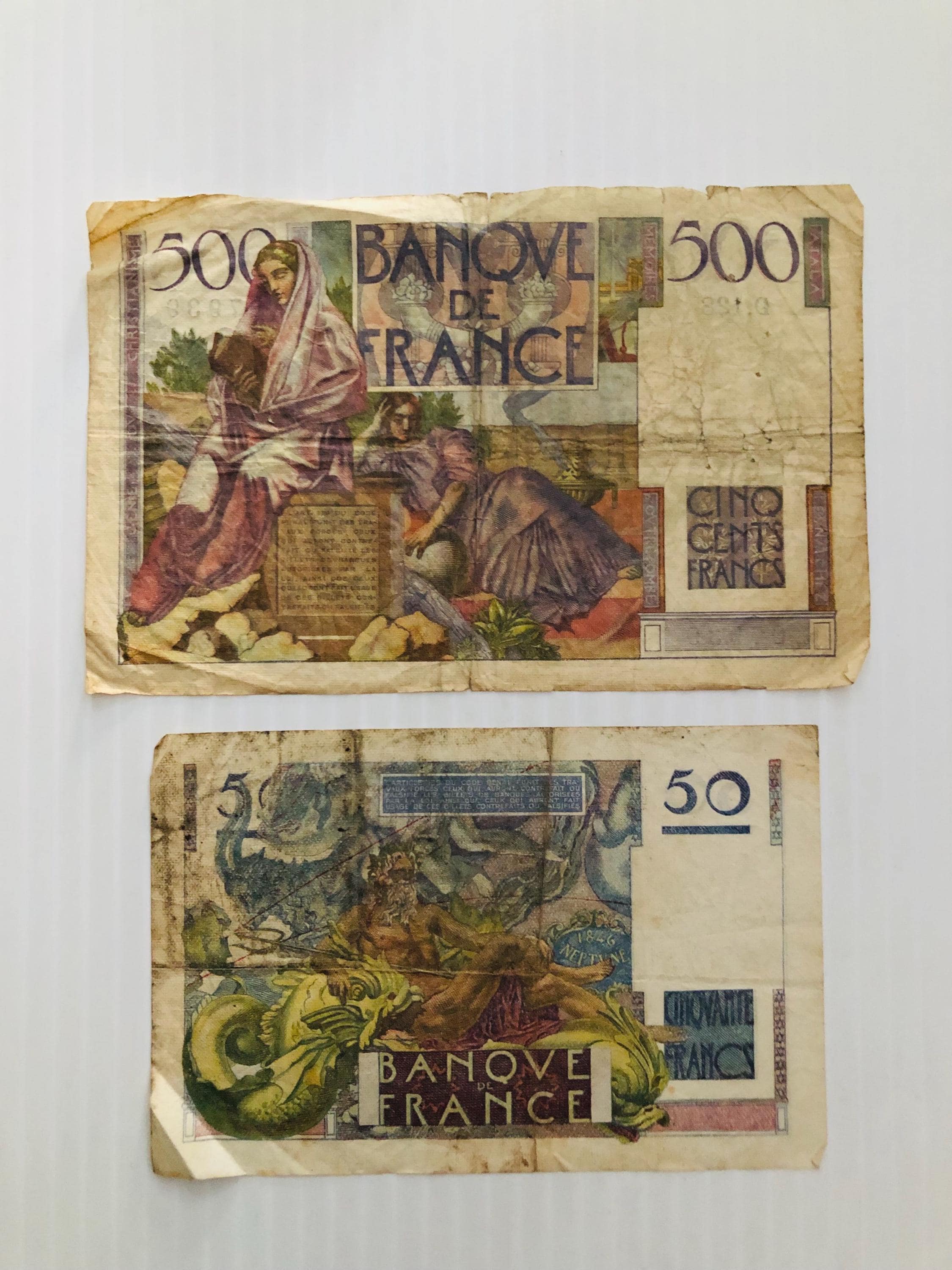 France 500 and 50 Francs 1940s-1950s Colorful Notes Lot of 2