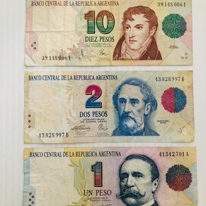 Argentina 10, 2, 1 Pesos Lot of 3 Banknotes 1990s Colorful