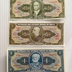 Brazil 10, 5, 1 Cruzeiro Ornate 1960s Lot of 3 Banknotes