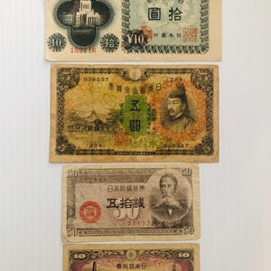 Japan 10 Yen, 5 Yen, 50 Sen, 10 Sen 1930s-1940s Lot of 4 Vintage Banknotes
