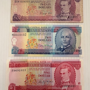 Barbados 20, 2, 1 Dollars 1970s-1990s Lot of 3 Vintage Banknotes