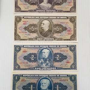 Brazil 50, 5, 2, 1 Cruzeiro 1940s-1950s Lot of 4 Vintage Banknotes Crisp