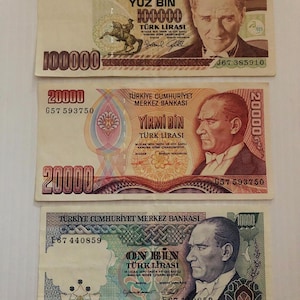 Turkey 100000, 20000, and 10000 Lira 1990s Lot of 3 Vintage Banknotes Ornate Inflation