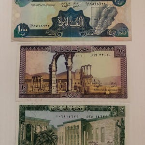 Lebanon 1000, 10, 5 Livres / Pounds Ancient Ruins Scenic Lot of 3 Banknotes Vintage 1980s-1990s