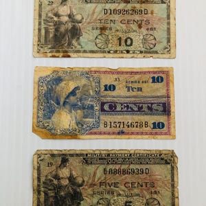 Lot of 3 Worn United States Military Payment Certificates Currency 1940s-1970s