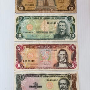 Dominican Republic 20, 10, 5, 1 Pesos Lot of 4 Vintage Banknotes 1980s-1990s