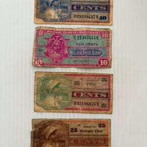 Lot of 4 United States Military Payment Certificates Currency 1940s-1970s