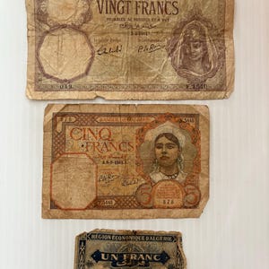 Billetes antiguos de Argelia francesa de 20, 5 y 1 francos, década de 1940, Segunda Guerra Mundial, lote de 3 billetes desgastados
