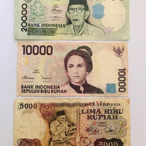 Indonesia 20000, 10000, 5000 Rupiah 1980s-1990s Lot of 3 Vintage Banknotes Colorful Ornate