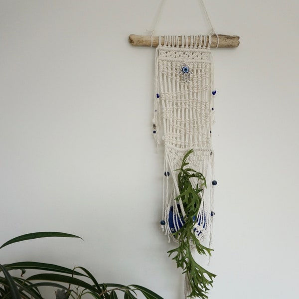 Hamsa Hand Macrame Wall Mount Plant Hanger With Evil Eye Beads, Unique Macrame Wall Hanger, Evil Eye, Hand of Fatima, Hamsa Hand, Room Decor