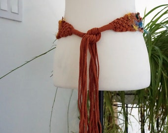 Handwoven Macrame Belt Necklace: Orange Boho Fashion Accessory