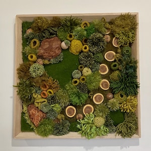 May include: A framed artwork with a textured, three-dimensional design. The piece features shades of green, yellow, and brown, with elements resembling moss, wood slices, and other natural textures. The frame is made of light-coloured wood.