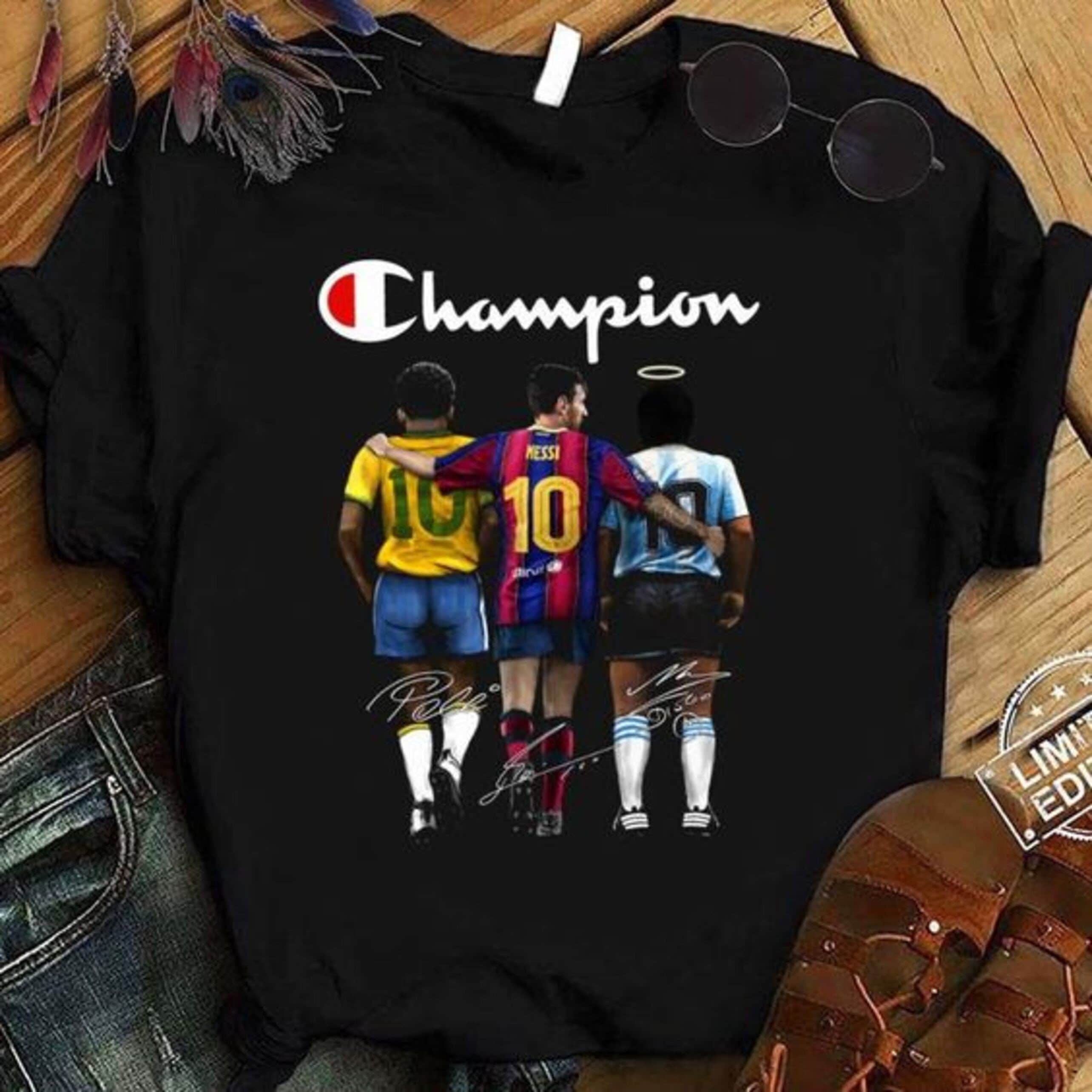 Discover Champion Soccer Pele Shirt, Pel Lionel Messi Diego Maradona Shirt