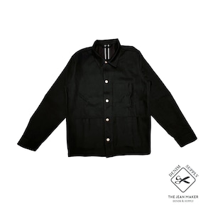 May include: Black button-down jacket with four front pockets and light-coloured buttons. The jacket has long sleeves and a collared neckline. The logo "THE JEAN MAKER DENIM & SUPPLY" is in the bottom right corner.