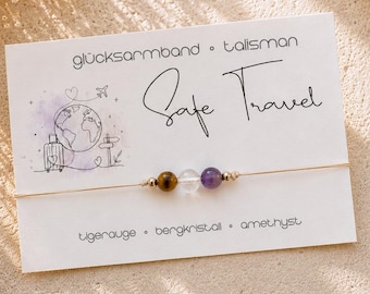 Gemstone Bracelet SAFE TRAVEL • Lucky Charm • Tiger's Eye • Rock Crystal • Amethyst • Symbolic Jewelry Gift • Travel Companion