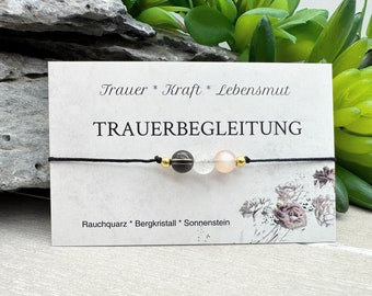 TRAUERBEGLEITUNG • Edelstein Macramé Armband • Rauchquarz • Bergkristall • Sonnenstein • Ø 6 mm • Glücksbringer • Talisman • Mut • Kraft