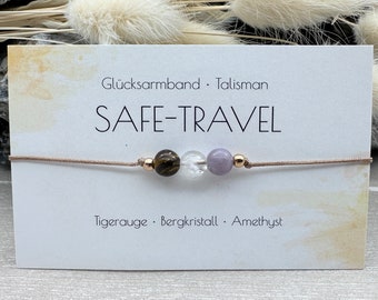 SAFE-TRAVEL • Edelstein Macramé Armband • Tigerauge • Bergkristall • Amethyst • ca. Ø 6 mm • Glücksbringer • Talisman • Reisebegleiter