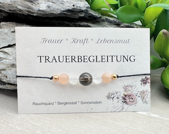 TRAUERBEGLEITUNG • Edelstein Macramé Armband • Rauchquarz • Bergkristall • Sonnenstein • Ø 6mm/8mm • Glücksbringer • Talisman • Mut • Kraft