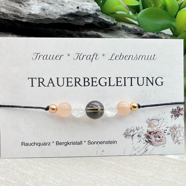 TRAUERBEGLEITUNG • Edelstein Macramé Armband • Rauchquarz • Bergkristall • Sonnenstein • Ø 6mm/8mm • Glücksbringer • Talisman • Mut • Kraft