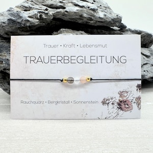 TRAUERBEGLEITUNG • Edelstein Macramé Armband • Rauchquarz • Bergkristall • Sonnenstein • Ø 4 mm • Glücksbringer • Mut • Kraft • MAC008.2