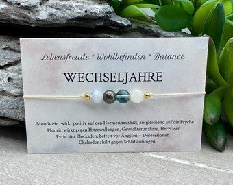 WECHSELJAHRE • Edelstein Macramé Armband • Mondstein • Fluorit • Pyrit • Chalcedon • Ø 6 mm • Glücksbringer • Talisman