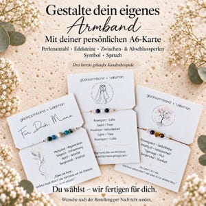 Könnte beinhalten: Drei personalisierte Perlenarmbänder auf weißen Präsentationskarten mit deutschem Text. Jede Karte zeigt eine einzigartige Anordnung von Edelsteinen, Strichzeichnungen und beschreibende Etiketten für die verwendeten Steine.
