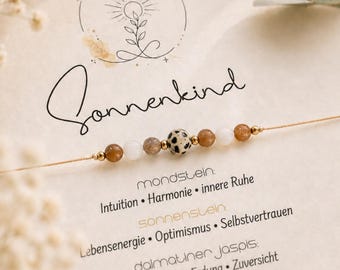 SONNENKIND • Edelsteinarmband • Mondstein • Sonnenstein • Dalmatiner Jaspis • Symbolischer Schmuck Geschenk • Lebensfreude • Zuversicht