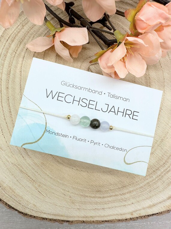 WECHSELJAHRE • Edelstein Macramé Armband • Mondstein • Fluorit • Pyrit • Chalcedon • Ø 6 mm • Glücksbringer • Talisman • Art.-Nr. MAC016