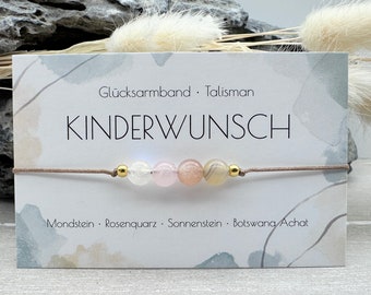 KINDERWUNSCH • Edelstein Macramé Armband • Rosenquarz • Bergkristall • Mondstein • Botswana Achat • Ø ca. 6mm • Glücksbringer • Talisman