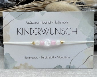 KINDERWENS • Edelsteen Macramé Armband • Rozenkwarts • Bergkristal • Maansteen • Ø circa 4 mm/6 mm • Geluksbrenger • Talisman • Aanstaande mama