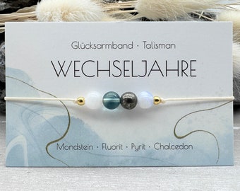 WECHSELJAHRE • Edelstein Macramé Armband • Mondstein • Fluorit • Pyrit • Chalcedon • Ø 6 mm • Glücksbringer • Talisman