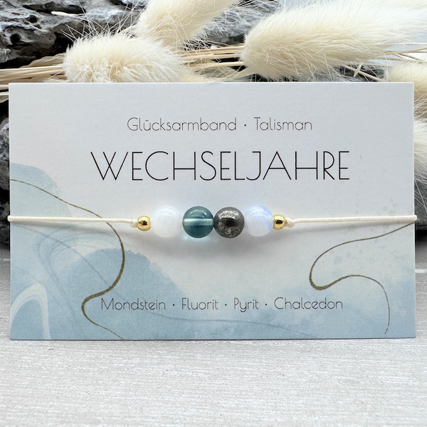 WECHSELJAHRE • Edelstein Macramé Armband • Mondstein • Fluorit • Pyrit • Chalcedon • Ø 6 mm • Glücksbringer • Talisman