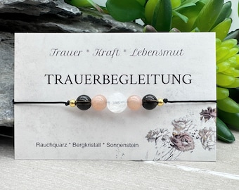 TRAUERBEGLEITUNG • Edelstein Macramé Armband • Rauchquarz • Bergkristall • Sonnenstein • Ø 6mm/8mm • Glücksbringer • Talisman • Mut • Kraft