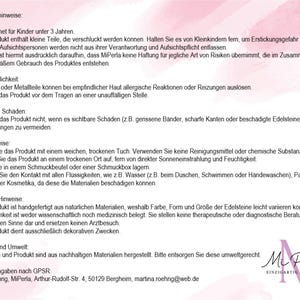May include: A document with safety instructions and care guidelines for a product, likely jewelry, with a pink floral background. The text includes warnings about small parts, skin sensitivity, and damage. The Mi Perla logo is at the bottom.