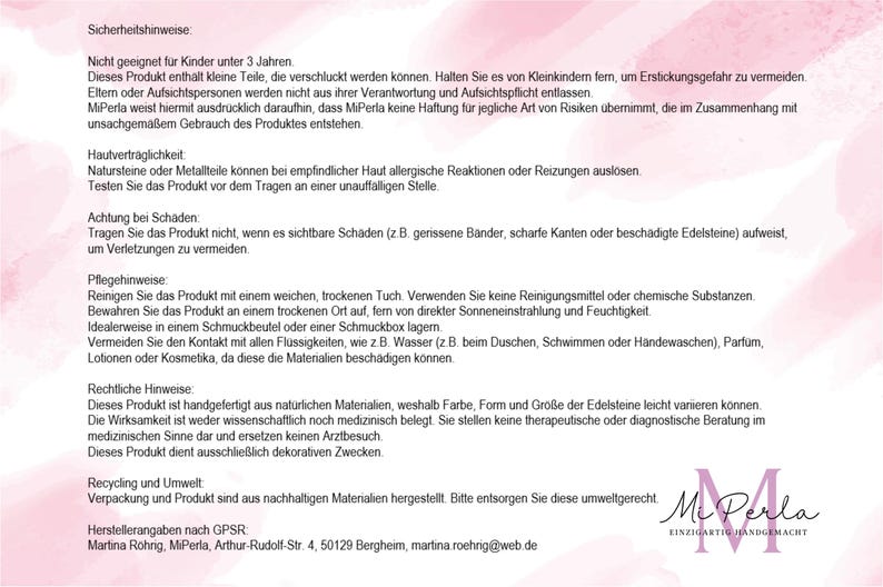 May include: A document with safety instructions and care guidelines for a product, likely jewelry, with a pink floral background. The text includes warnings about small parts, skin sensitivity, and damage. The Mi Perla logo is at the bottom.