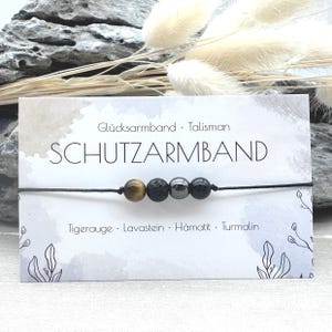 BESCHERMENDE ARMBAND • Edelsteen macramé armband • Tijgeroog • Lavasteen • Hematiet • Toermalijn • Ø 6 mm • Geluksbrenger • Talisman • Artikelnr. MAC027