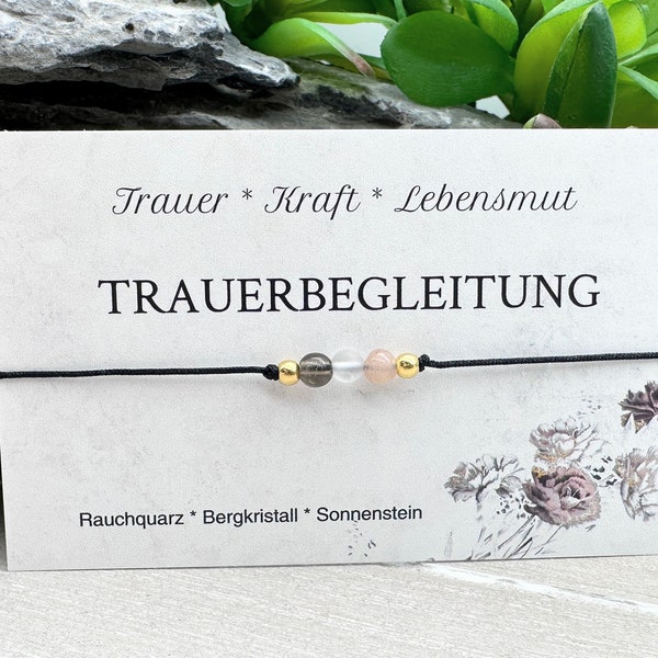 TRAUERBEGLEITUNG • Edelstein Macramé Armband • Rauchquarz • Bergkristall • Sonnenstein • Ø 4 mm • Glücksbringer • Talisman • Mut • Kraft