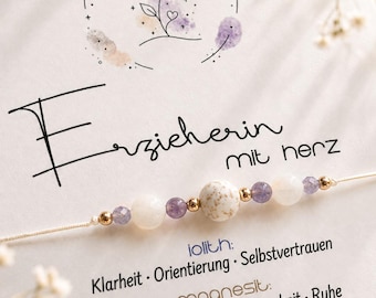 Edelsteinarmband „Erzieherin mit Herz“ • Iolit • Magnesit • Mondstein • Dankeschön für Erzieherin • Abschiedsgeschenk • Geschenkidee