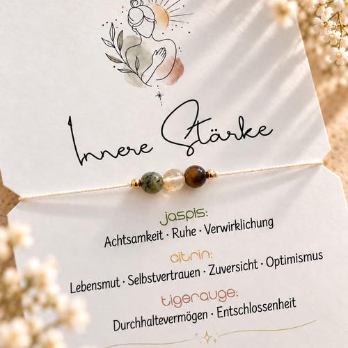 FUERZA INTERIOR • Pulsera de piedras preciosas • Amuleto de la suerte • Jaspe • Citrino • Ojo de tigre • Regalo para novia • Fuerza y autoconfianza