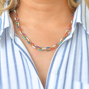 18k Gold Multicolor Enamel Chain Necklace: Stainless Steel Link Clasp
