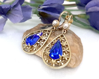 Victorian jewelry Antique gold earrings Blue crystal dangle earrings Victorian Earring Art Nouveau filigree earrings Drop Sapphire earrings