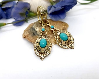 Dangle drop Victorian earring Victorian style jewelry Art Deco long antique brass earrings Boho gold teardrop earrings Drop blue earrings